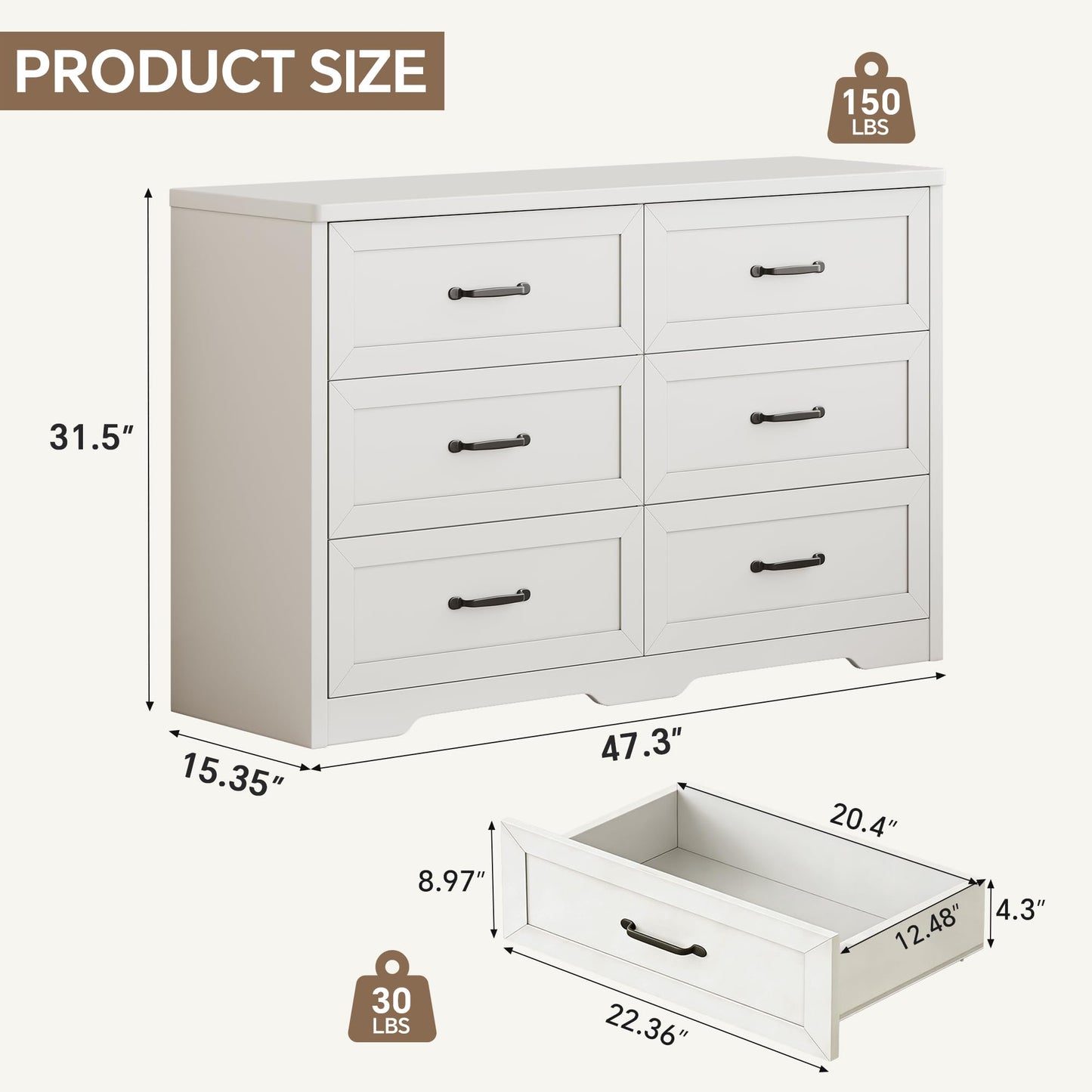 Ball & Cast Farmhouse 6 Drawer Dresser for Bedroom, 47" W Modern Chest of Drawers with Metal Handles, Wood Dresser TV Stand, Dresser Drawer Organizer for Closet, Living Room,Hallway,White