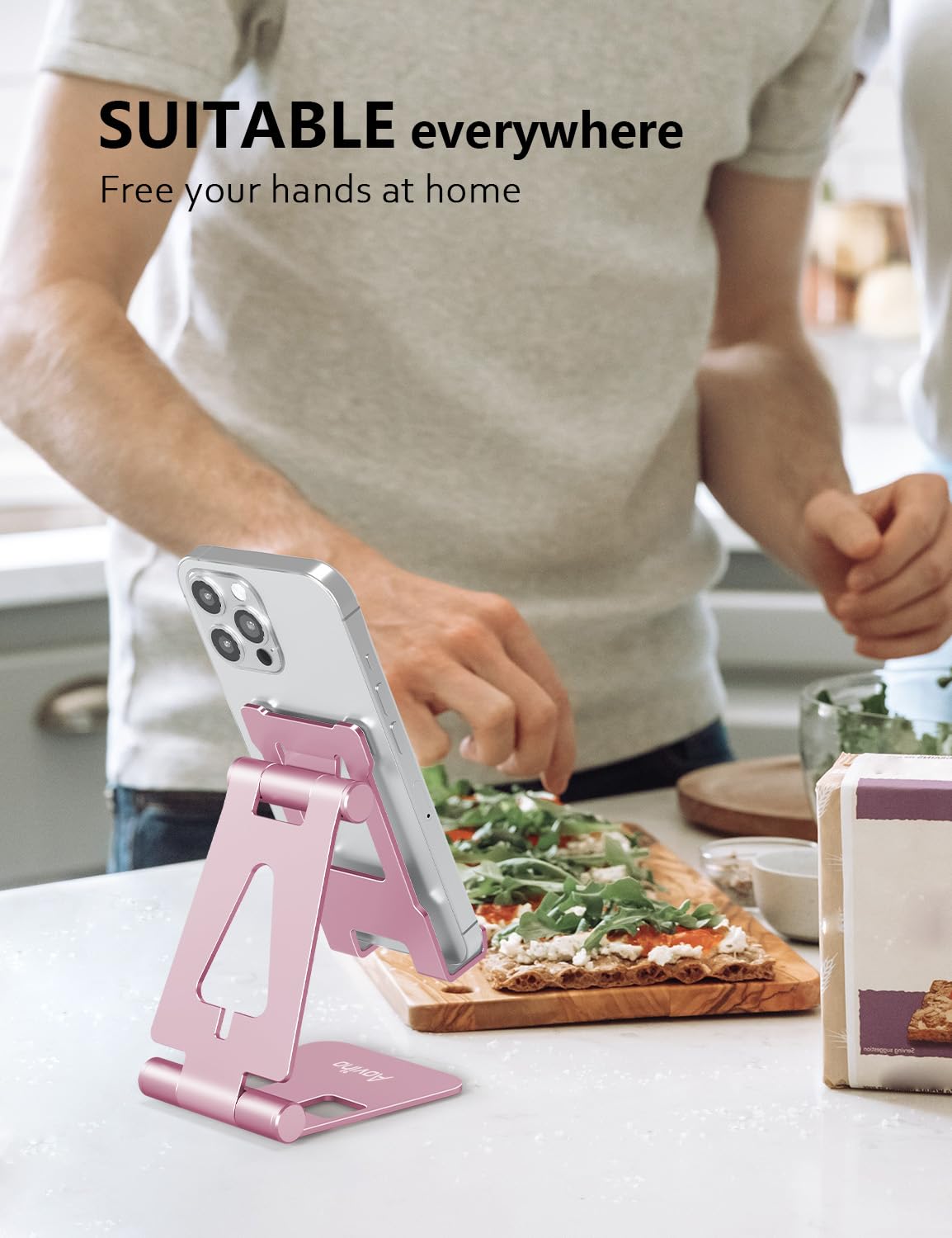 Aoviho Foldable Cell Phone Stand for Desk, Adjustable Phone Holder for Office, Video Calls and Streaming, Portable Desktop Phone Dock Compatible with iPhone 17 16 15 14, Samsung Galaxy, Pink