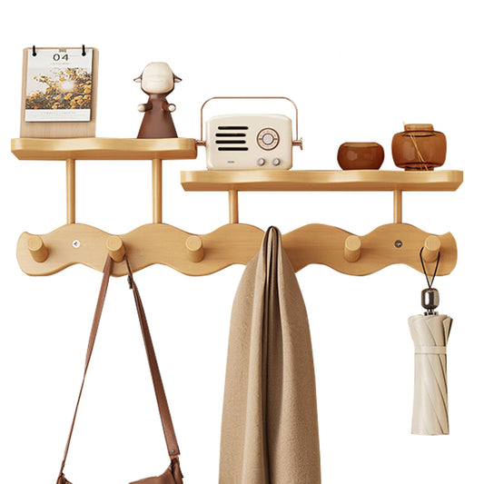 Wall-Mounted Coat Rack with Shelf, Wooden Coat Hanger with 6 Sturdy Hooks, Drill-Mounted Design for Hanging Clothes, Hats, Towels, Bags, and Robes (Natural Color)