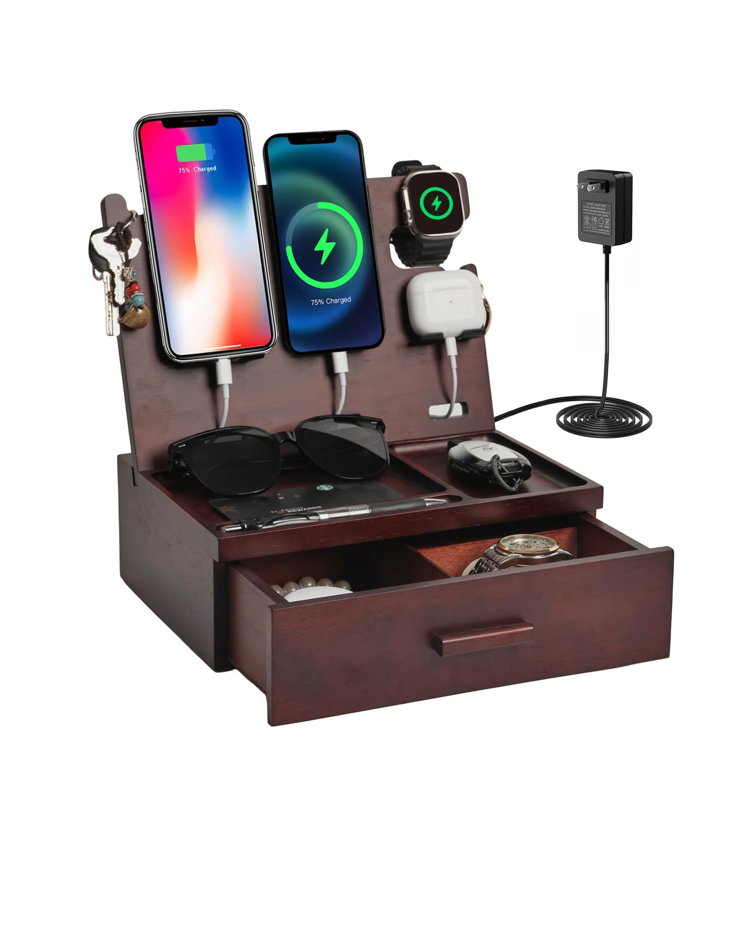 Nightstand Organizer with Drawer Built in 4 USB Charger, Wood Phone Docking Station with Dual Phone Charging Station for Apple Android Phones Anniversary Birthday Gifts for Men Dad Hunsband Mom
