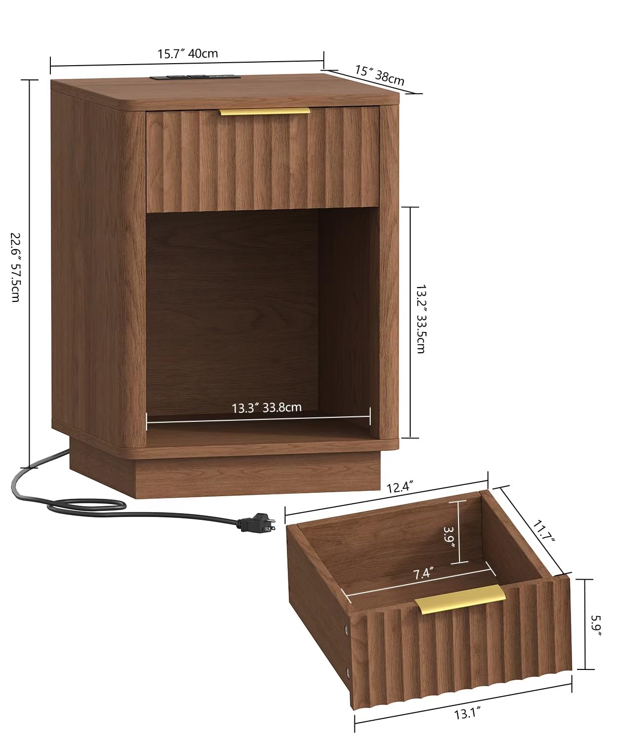 Akxomel Fluted Nightstand, Wooden Night Stand with Charging Station and LED Light, Modern Mid Century End Table with Drawer, 15" D x 15.7" W x 22.6" H, for Bedroom, Walnut