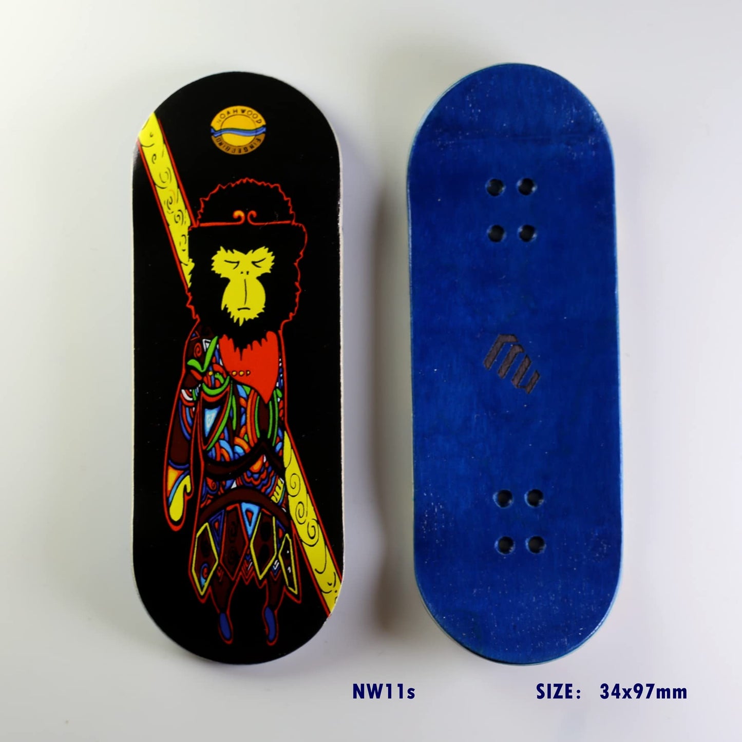 NOAHWOOD Fingerboards (NW9.0 Kickflip Deck 98mmx34mm 5-Layer Maple Wooden Handmade)+(Update NOAHii 34mm Trucks)+(NW iii Logo Handmade Wheels) (Monkey King)