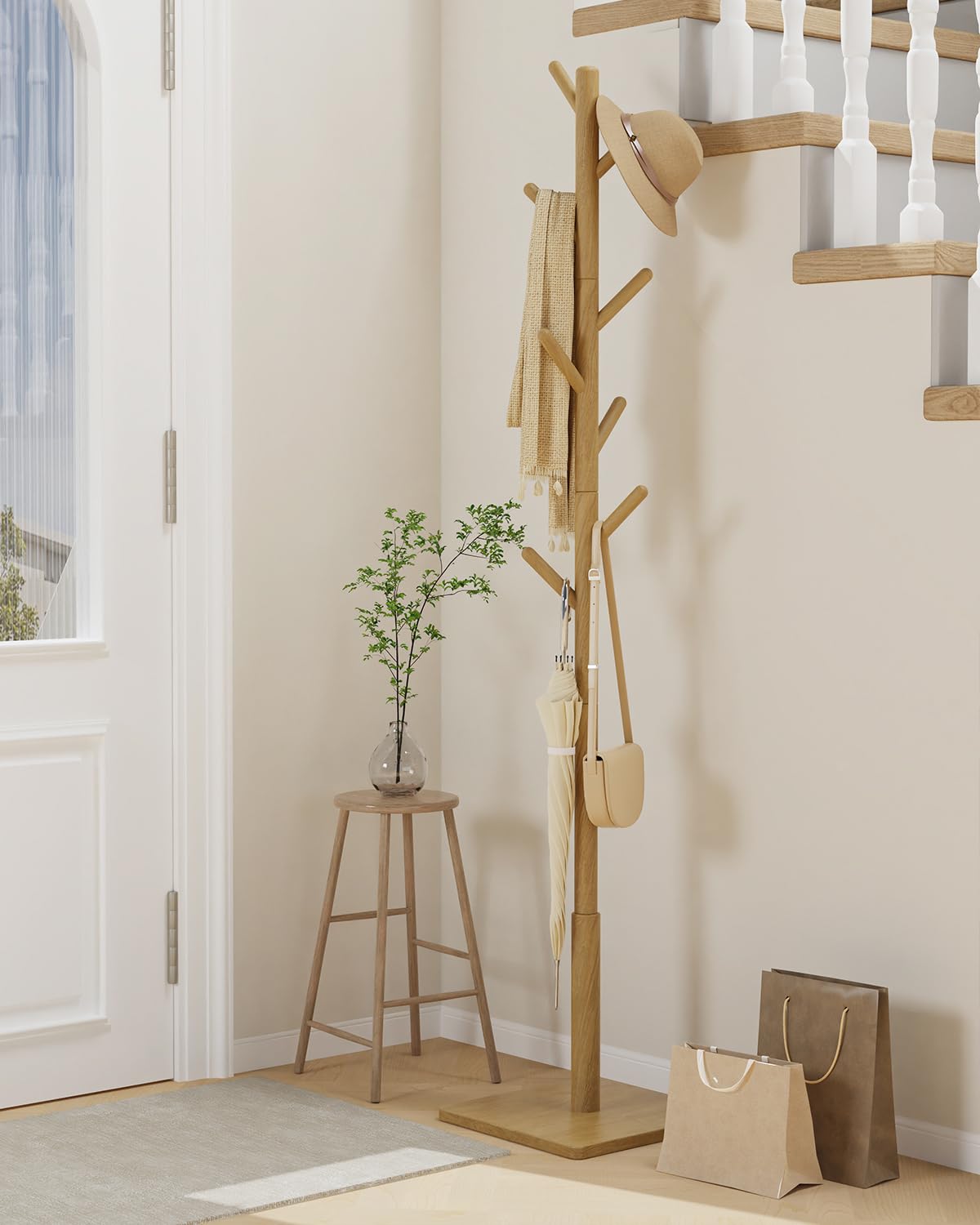 Yawinhe Coat Rack, Sturdy Wooden Coat Tree with 8 Hooks, 3 Adjustable Height for Bedroom, Hallway, Entrance, Office, 11.8 x 70.8 inches, Natural, 1-Pack, Square Base