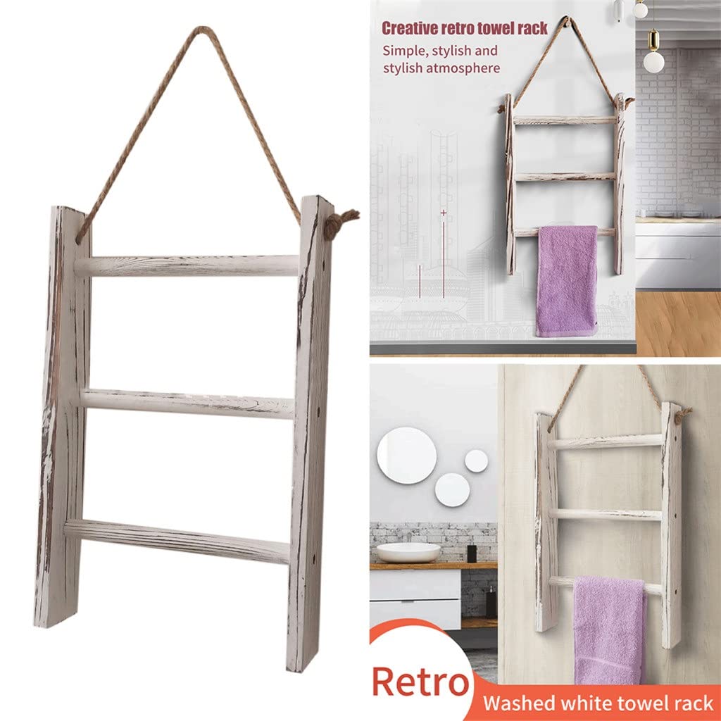 ZXYLZL 3 Tiers Blankets Wooden Towel Rack Wall Hanging Bathroom Mini with Rope Retro Living Room Storage Ladder Home Decor