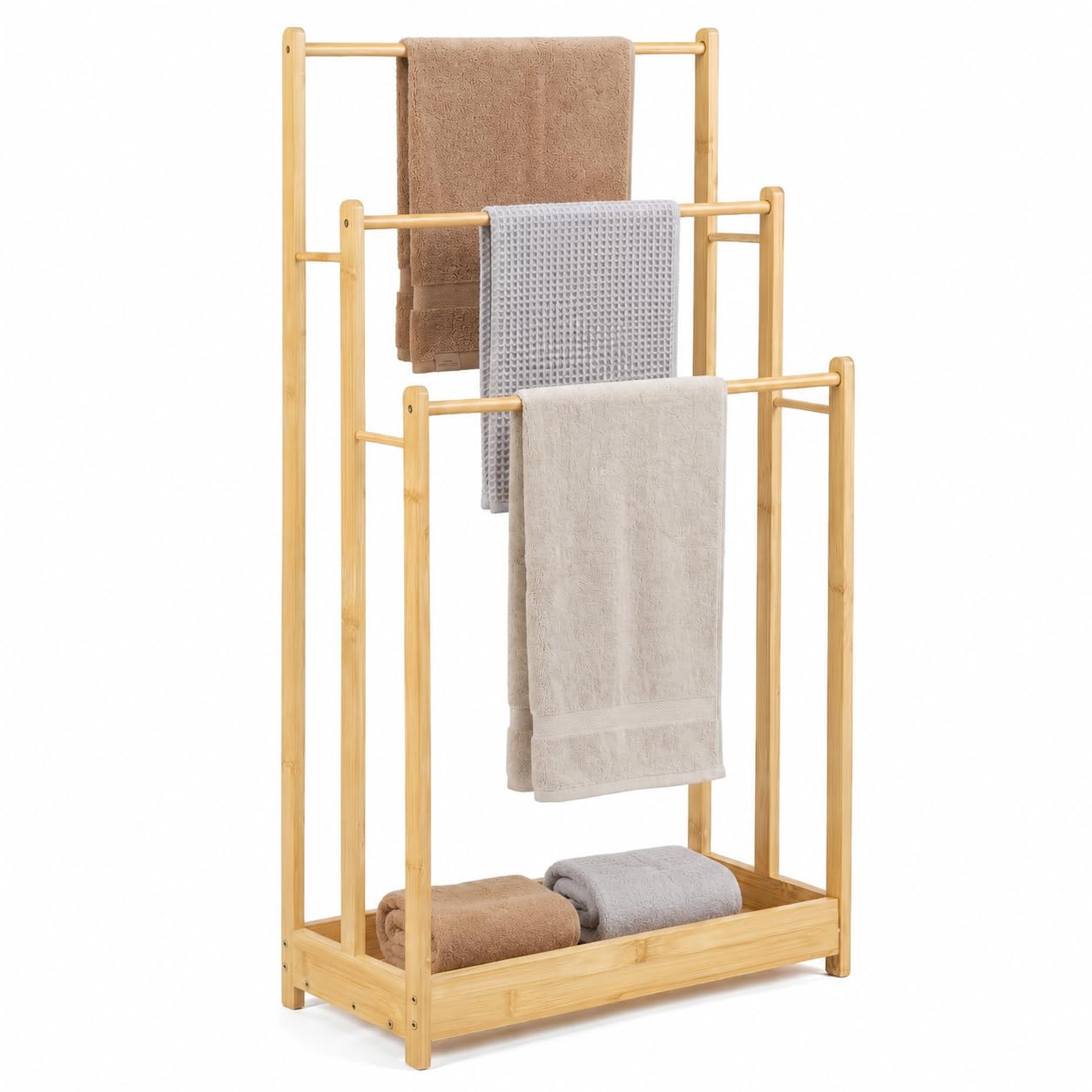 GOFLAME 3-Tier Free Standing Towel Rack with Storage Shelf, Bamboo, Natural