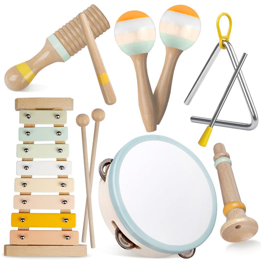 Baby Musical Instruments-Montessori Wooden Toys for Toddlers,Neutral Colors Percussion Instruments Set with Modern Boho Xylophone for Kids Preschool Educational (Neutral)