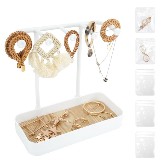 WCHOSOZH Jewelry Organizer Stand, Necklace Holder with Wooden Tray 5 Storage Hooks, Earring Holder with 5 Pcs Jewelry Bags for Bracelet,Chains,Rings,Earrings,Keys Watches,Necklaces (White)