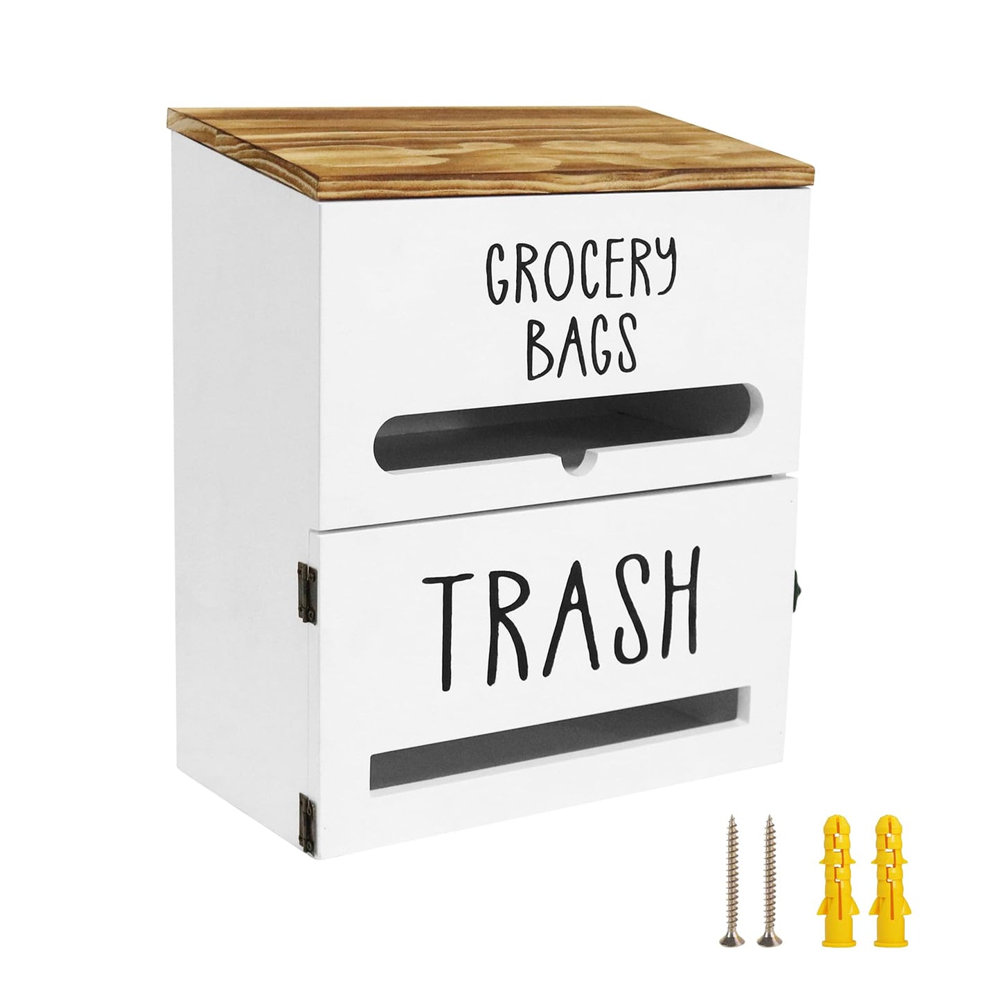 Liuceny 2 in 1 Trash Bag Dispenser, Double Wall Mounted,Wood Trash Bag Holder, used in kitchen, garage, laundry room, can store Environmentally friendly food bags and garbage bags (White)