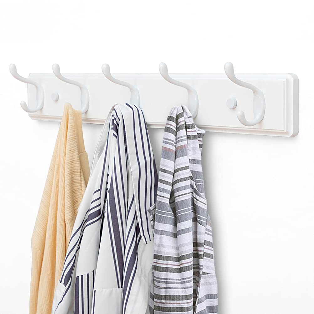 Badiano Wooden Coat Rack, Wall-Mounted Organizer for Closet, Entryway, Hallway, Foyer, Bedroom, Heavy Duty Double Hooks for Hanging Towels, Bags, Hats, Jackets, Key (White, 5 Hooks)