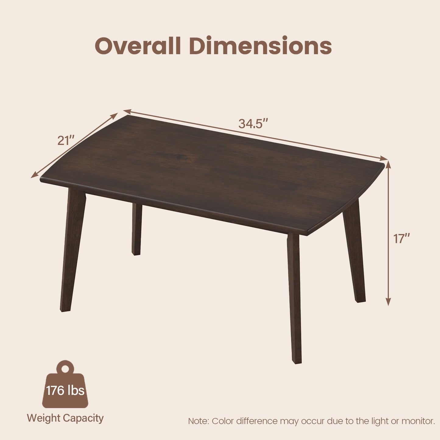GOFLAME Solid Wood Coffee Table, 34.5" x 21" x 17" Mid-Century Modern Center Table with Storage, Curved Edges, Retro, Small Japanese Floor Table with Tapered Legs for Living Room, Apartment, Walnut