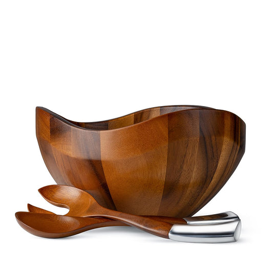 Nambé Billow Salad Bowl with Servers – 12" x 6.5" Acacia Wood & Alloy Entertaining Set – Organic Modern Salad Bowl, Decorative Tableware & Dining Centerpiece for Home & Entertaining