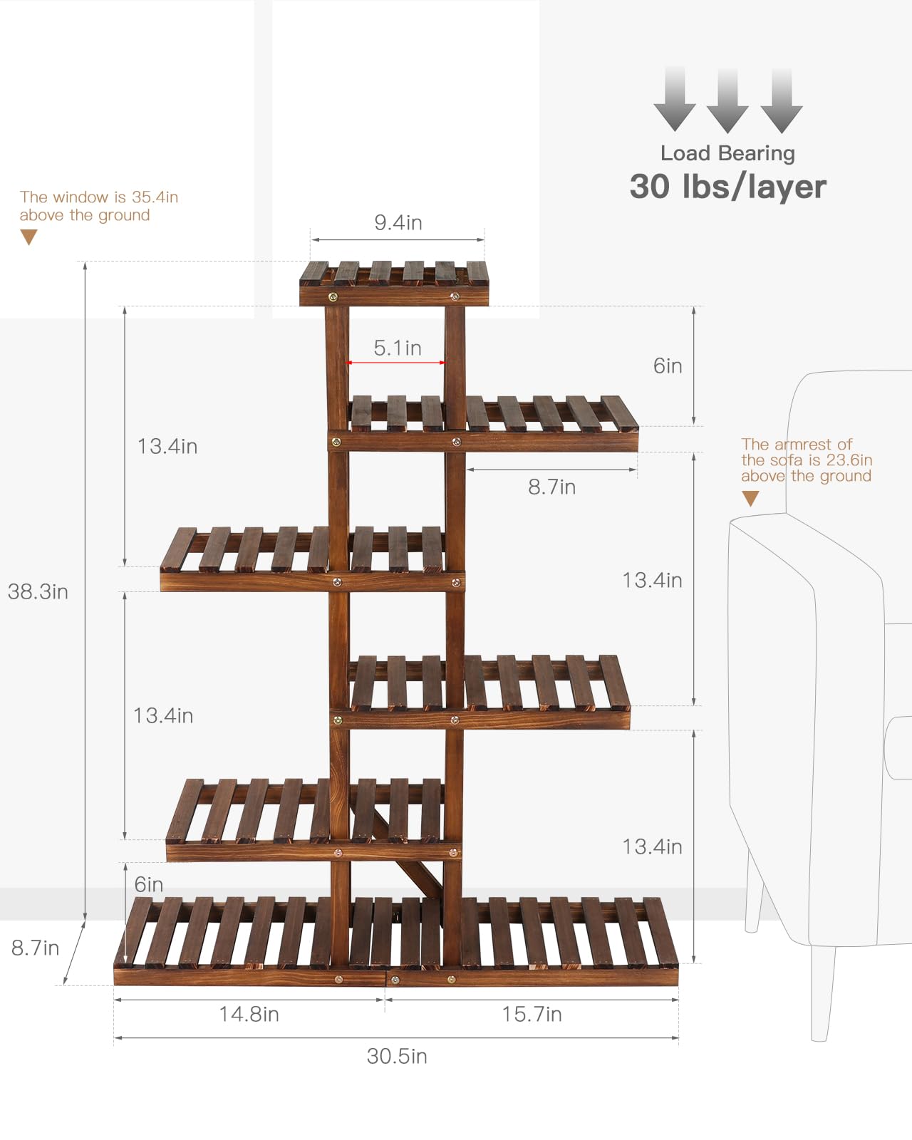 OcBuct Wood Plant Stand Shelf 6 Tier
