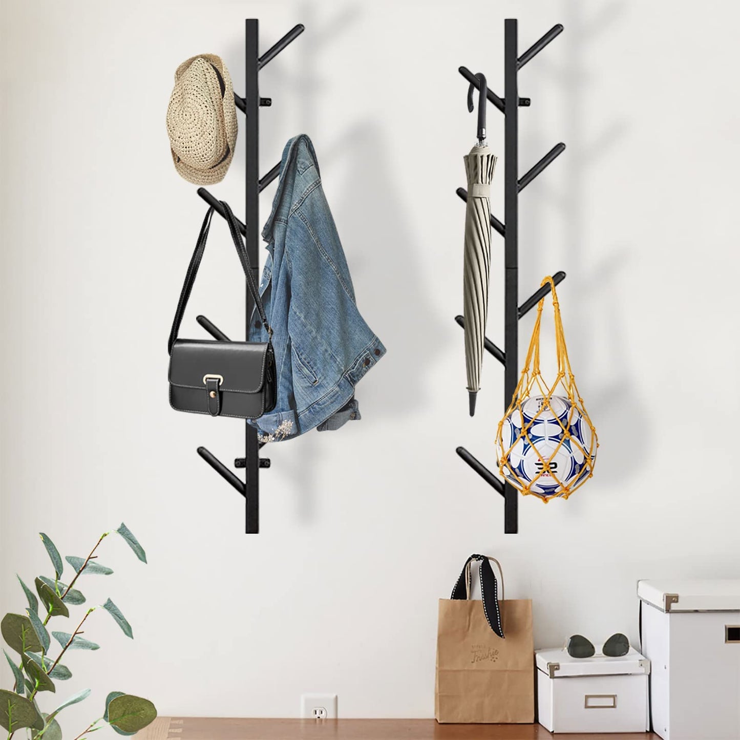 GAWAMAY Vertical Coat Rack Wall Mount Set of 2, Black Modern Metal Coat Hanging Cowboy Hat Rack for Wall, Mounted Coat Hooks Organizer for Entryway (H-33.4") (Black)