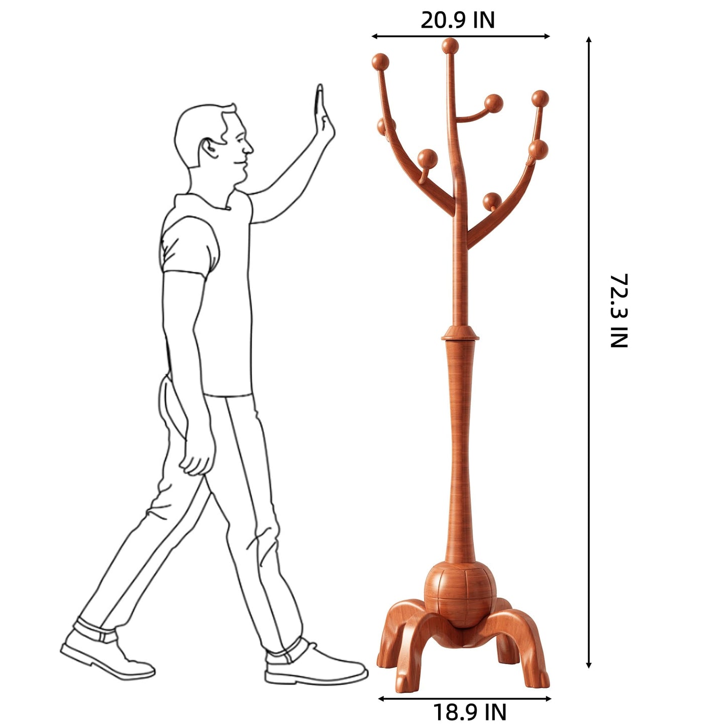 GAMNOF Wood Freestanding Coat Rack with 8 Hooks Coat Tree Standing,Brown