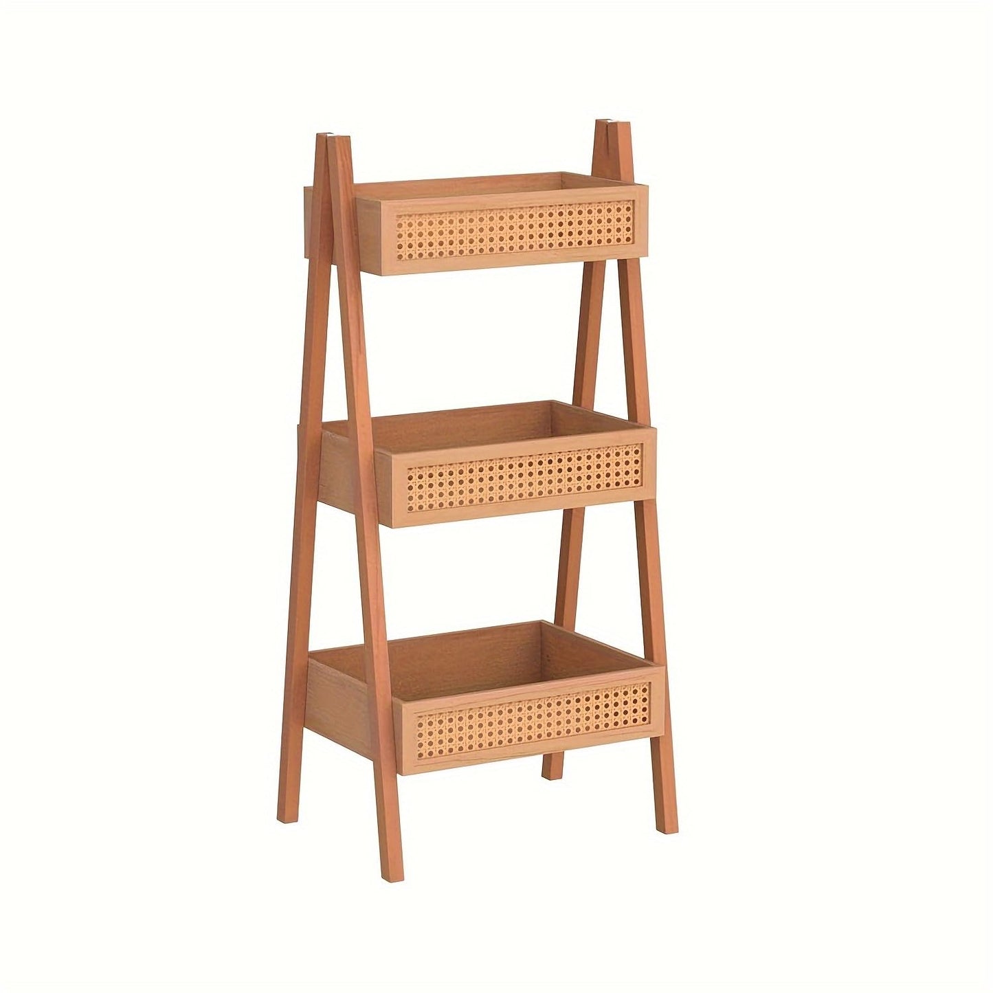Free Standing Bookcase, Blanket Ladder, Ladder Bookshelf, 3-Tier Rattan Bookshelf, Wood Organizer Storage Shelves for Living Room Bedroom Kitchen Bathroom Balcony and Home Office