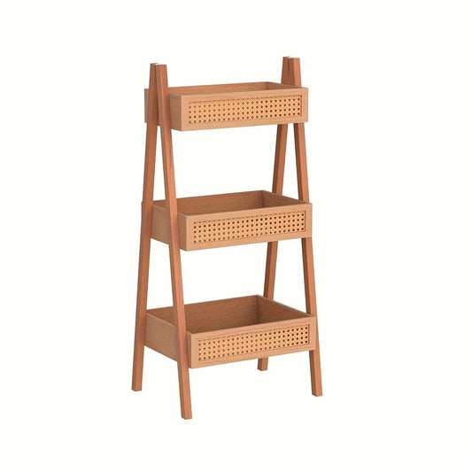 Free Standing Bookcase, Blanket Ladder, Ladder Bookshelf, 3-Tier Rattan Bookshelf, Wood Organizer Storage Shelves for Living Room Bedroom Kitchen Bathroom Balcony and Home Office