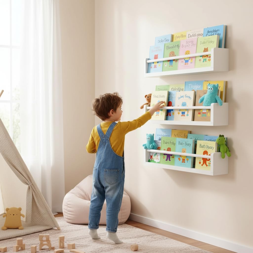 Esonal White Nursery Floating Shelves Set of 3– Wall Mounted Kids Bookshelf & Toy Organizer – 16 Inch Rustic Pine Hanging Display Book Shelves for Bedroom, Playroom, and Baby Decor