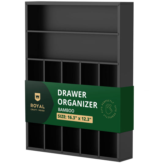 Luxury Bamboo Kitchen Drawer Organizer - Silverware Organizer - Utensil Holder and Cutlery Tray with Grooved Drawer Dividers for Flatware and Kitchen Utensils (7 Slot, Black)