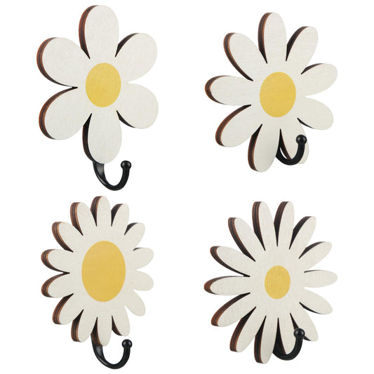 Thyle 4 Pcs Daisy Adhesive Wall Hooks Kids Bathroom Flower Hooks White Yellow Flower Wall Sticky Decor Cute Small Wooden Baby Nursery Hangers for Towels Boys Girls Bathroom Bedroom Kitchen Robe Hat