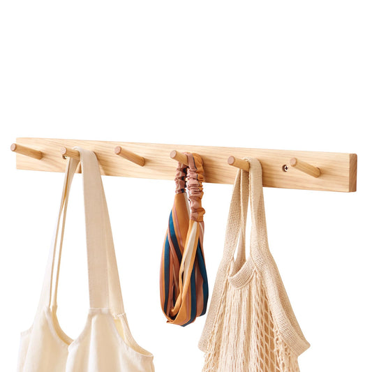 Sikflmi Hickory Wood Coat Rack Wall Mount 24 inches, Wooden Coat Hooks with 6 Hooks Coat Hanger for Hanging Hat Jacket Purse, Wall Hooks for Entryway, Bathroom, Bedroom, Natural