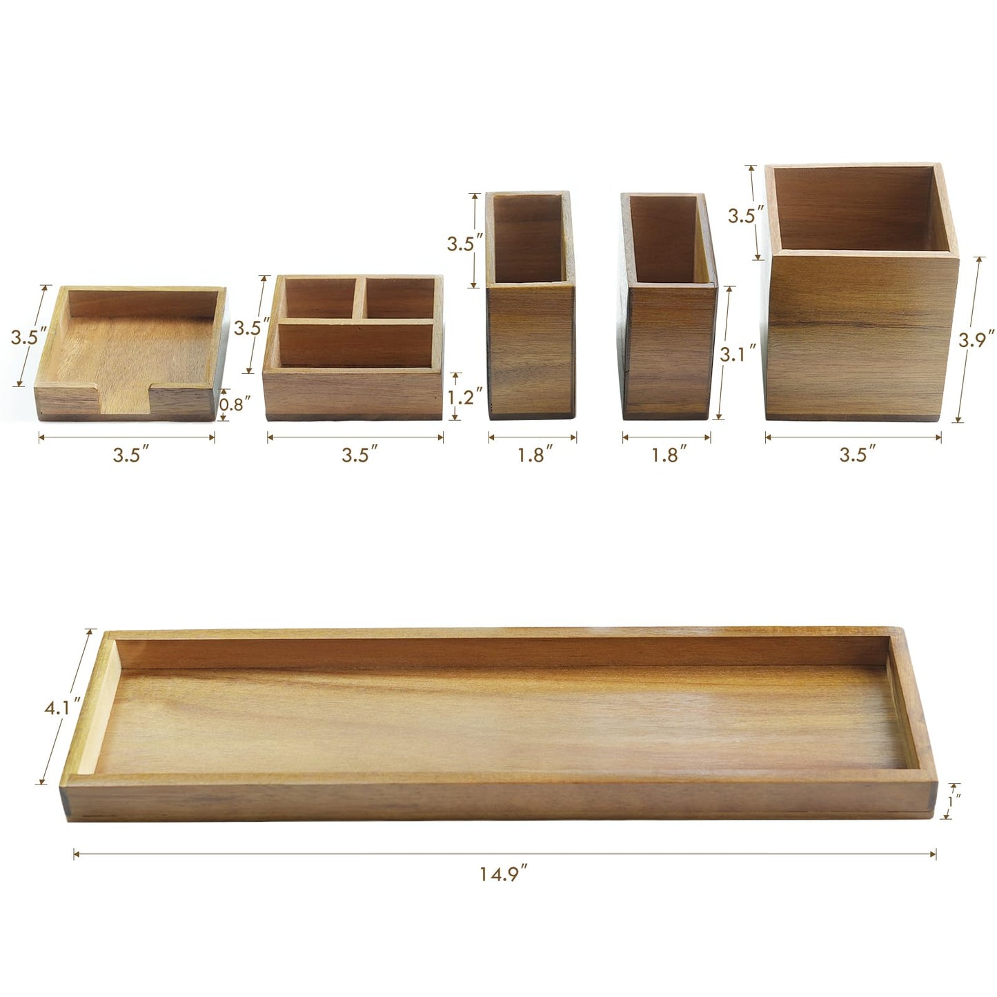 ROCDEER Dual Monitor Stand Riser with Drawer for Desk Laptop Desk Shelf + Wood Vanity Tray, 6-Piece Countertop Organizer Vanity Tray Set