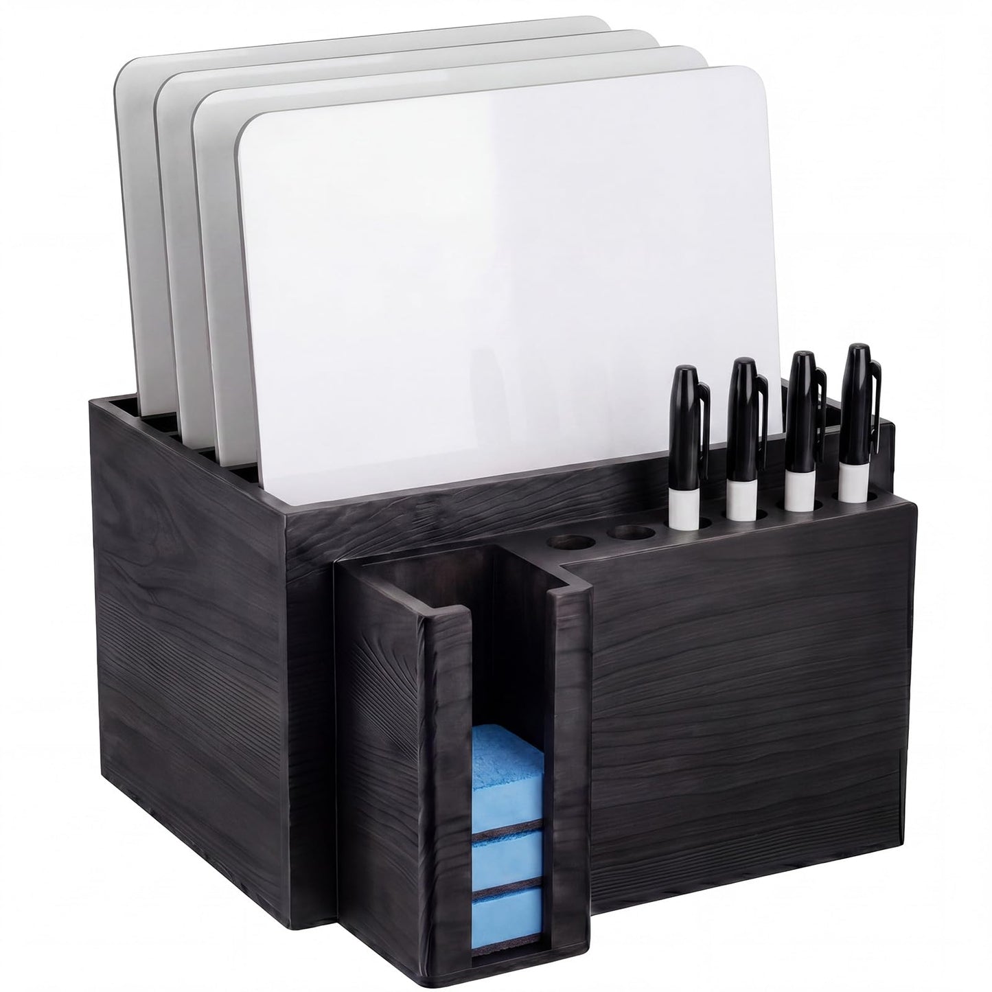Novabright 10" x 9.75" x 6" Classroom Dry Erase Lapboard Storage Wooden Black Whiteboard Organizer hold up 6 dry erase board 6 Slot Pen 6 Erasers Storage for Desktop School, Office and Home, Classroom
