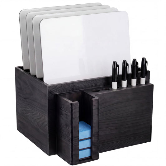 Novabright 10" x 9.75" x 6" Classroom Dry Erase Lapboard Storage Wooden Black Whiteboard Organizer hold up 6 dry erase board 6 Slot Pen 6 Erasers Storage for Desktop School, Office and Home, Classroom