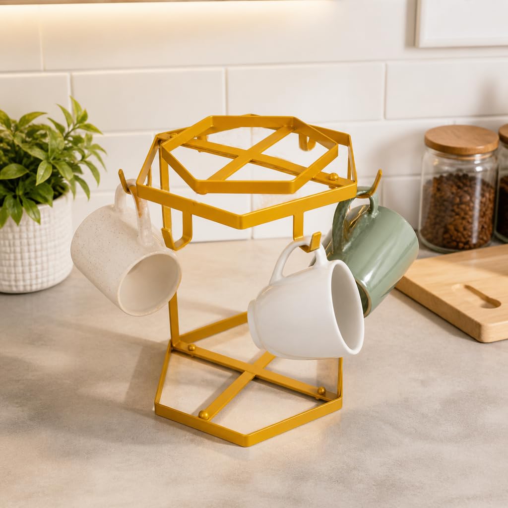 LWXPAIYY Coffee Mug Holder Countertop,Yellow Metal Coffee Cup Holders for Counter,Matte Muted Gold Mug Stand Rack for Counter Top 6 Hooks(Hexagon)