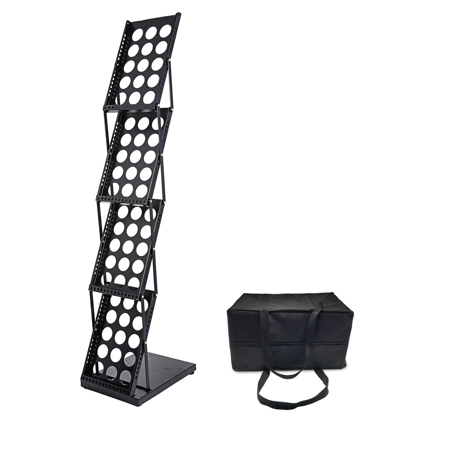 Polmart 4-Tier Brochure Literature Display Floor-Stand Rack with Adjustable Pockets. Portable Collapsible Design with Carry Bag for Trade Shows, Offices, Retail Stores (Black)