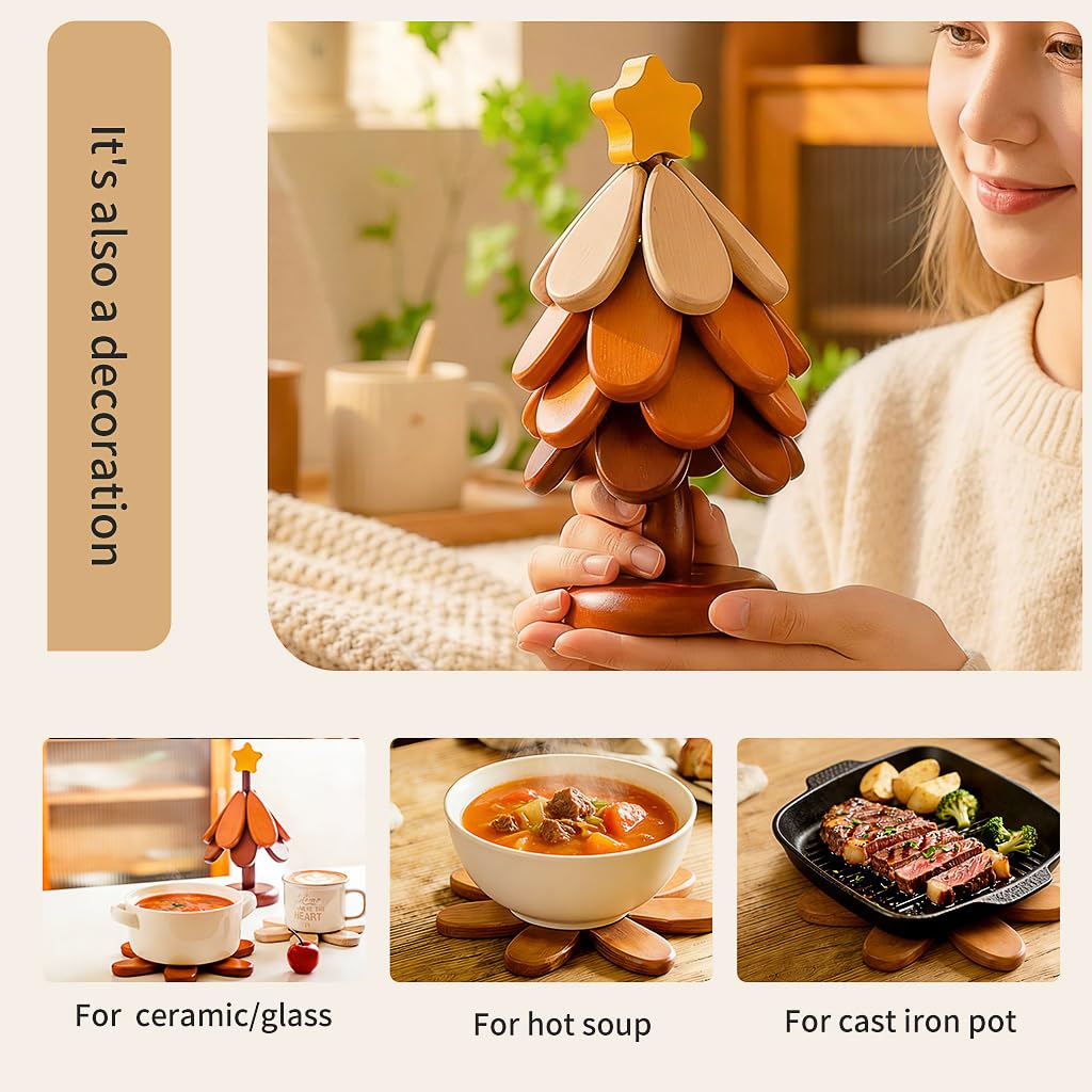 Zozotiny 2 Toppers Wooden Tree Trivets Set of 4 for Hot Dishes, Wood Cup Coasters for Drinks, Hot Pads for Hot Pot/Hot Pan & Plate, Christmas Modern Kitchen Counter Decor, Cooking Accessories