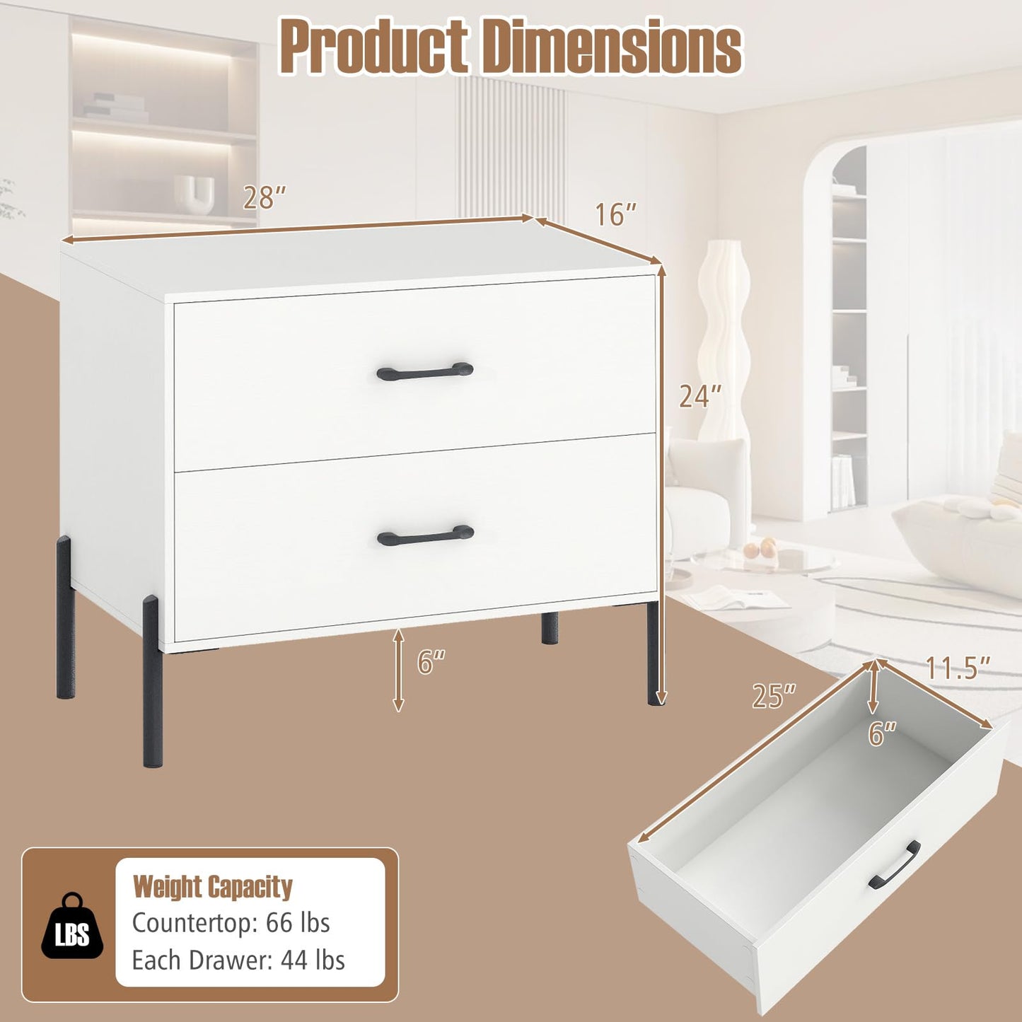 Giantex 2-Drawer Dresser, Modern Wooden Nightstand with Metal Legs & Handles, Anti-Tipping Kits, Compact Side Table, Small Dresser Chest of 2 Drawers for Closet, Bedroom, Sofa Side, Dorm (1)