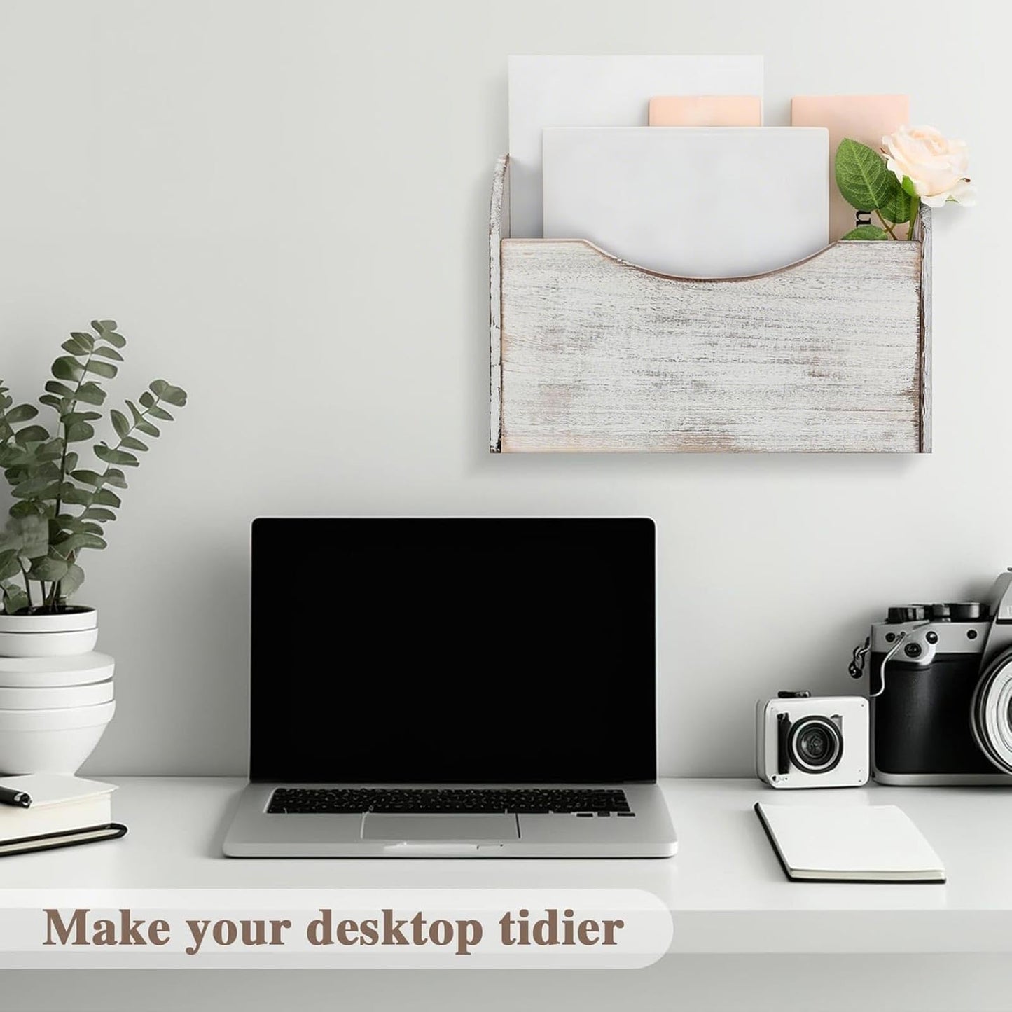 Suzile Wall Mounted File Holder Wood Magazine Holder Wall Hanging File Organizer for Office Mail Magazine Letter Paper Folder Organization (White)