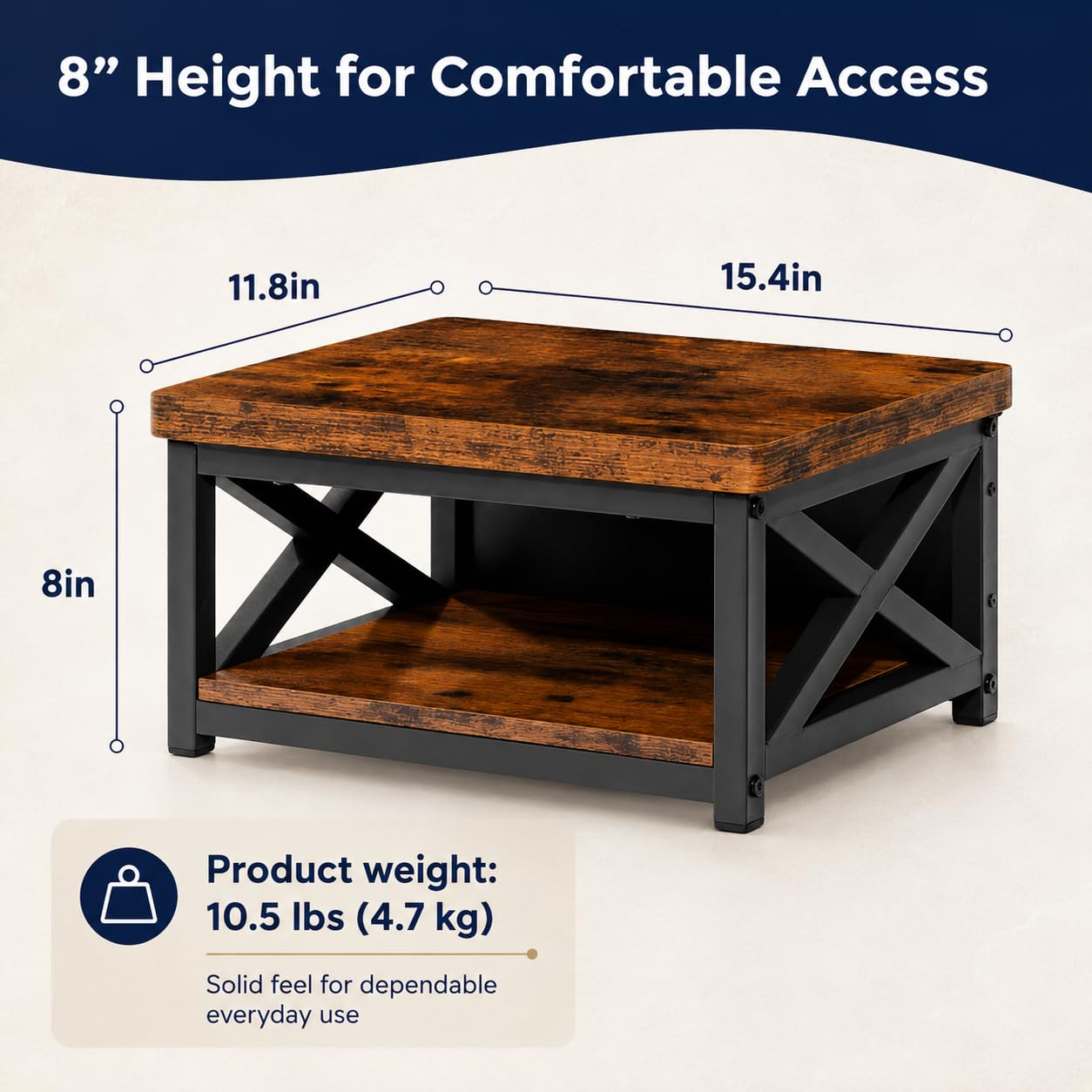 Wooden Step Stool for Adults – 8” Bed Step Stool with Storage Shelf, Anti-Slip Feet, Heavy-Duty Steel Frame, 500 lb Capacity – Rustic Brown