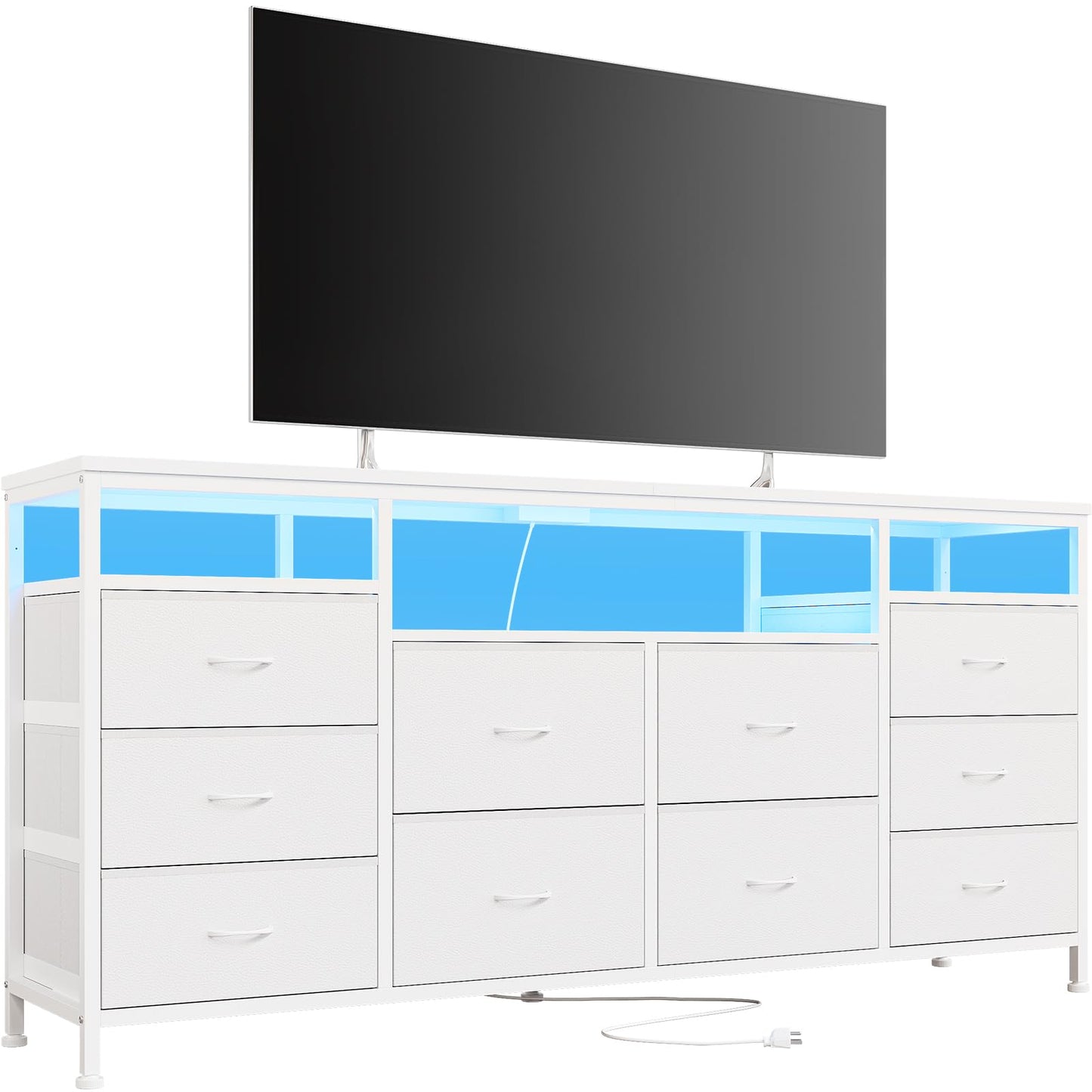 Garvee Dresser for Bedroom with LED Lights & Power Outlets, 63 Inch TV Stand Dressers for Bedroom with 10 Fabric Drawers, Entertainment Center with Open Storage Shelves for Entryway, White