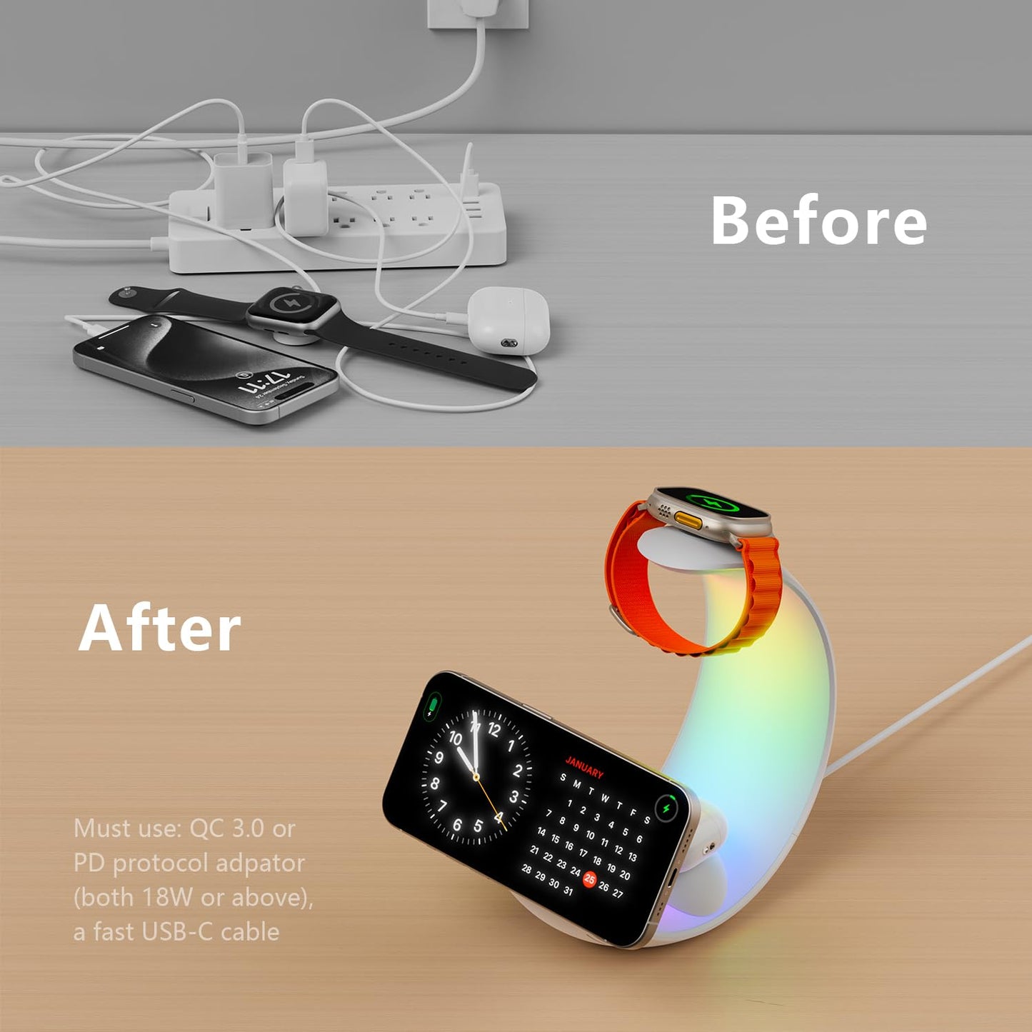 4-in-1 Wireless Charger Station with RGB Night Light, Compatible with iPhone, Apple Watch, and AirPods, Moon Shape Desktop Stand