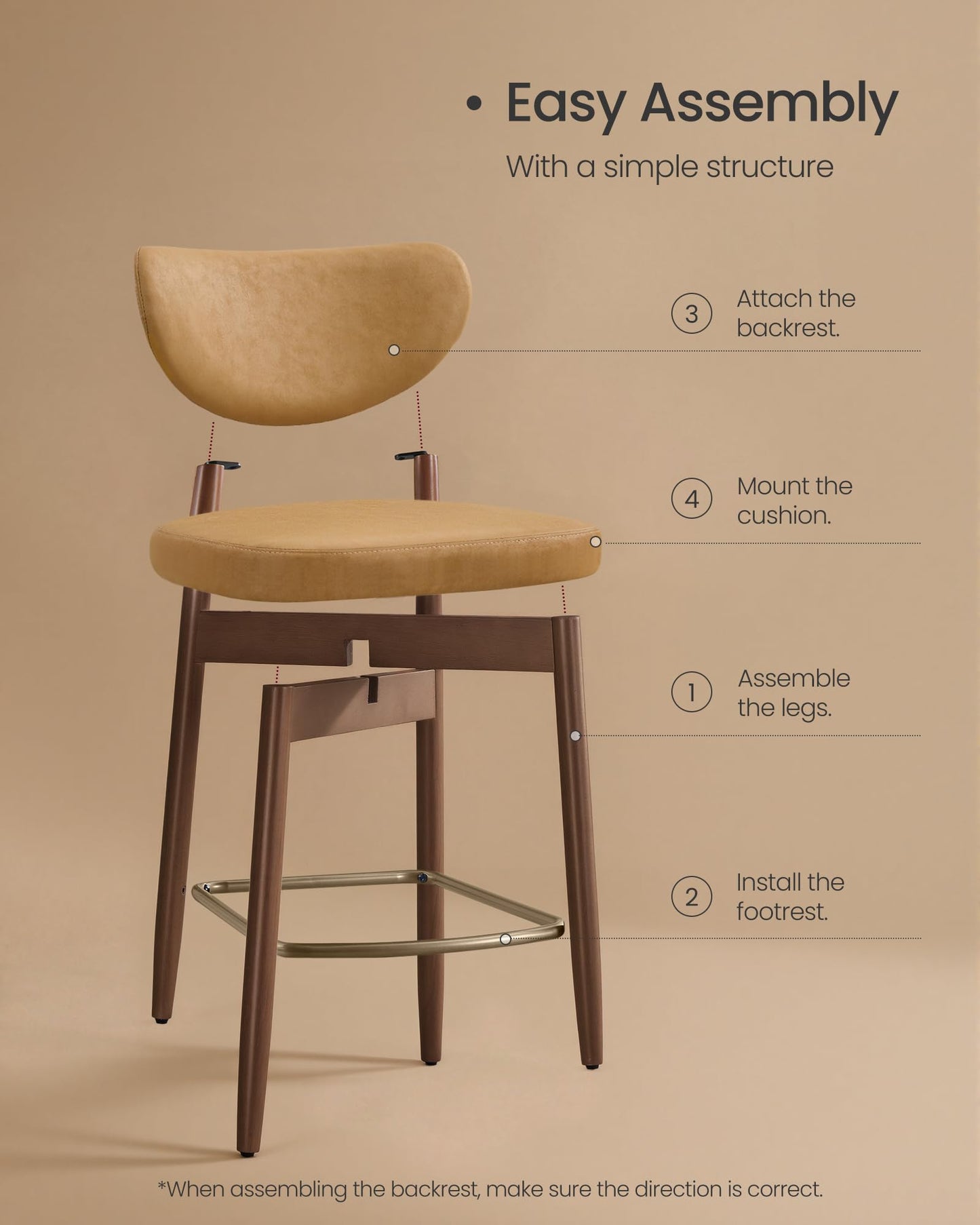 VASAGLE Wooden Bar Stools Set of 2, Upholstered Counter Height Barstools with Solid Wood Legs, Ergonomic Backrest, Mid Century Modern, for Kitchen Island, Synthetic Leather, Caramel Brown
