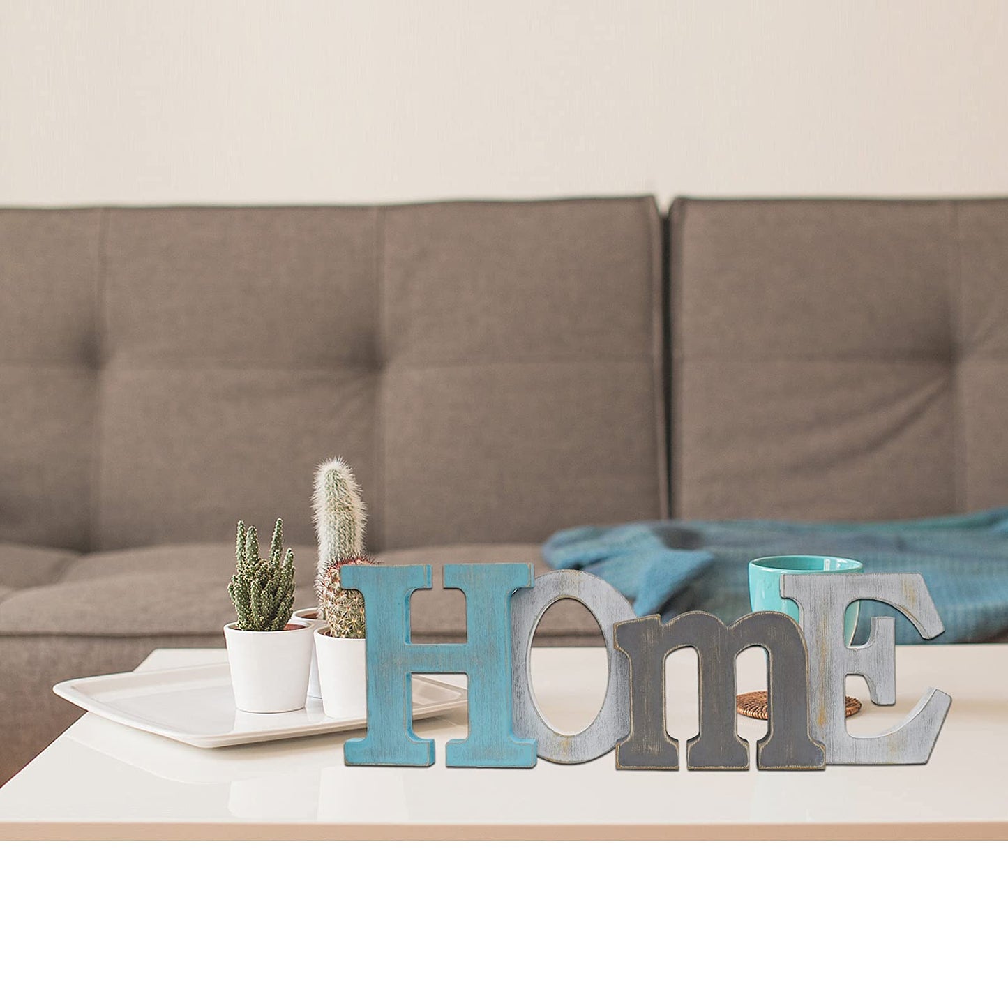 Linfevisi Wooden Home Sign Aqua Hanging Block Letters Sign Rustic Freestanding Wood Word Decor Decorative Home Table Sign Cutout Word Art Wall Decor (Home)