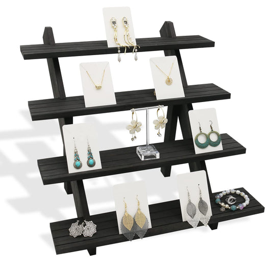 Auroal 4-Tier Wood Earring Display Stand, Jewelry Towers for Market Display, Farmers Market Display & Vendor Events, Natural Wood Earring & Jewelry Display for Vendors (Brown Color)