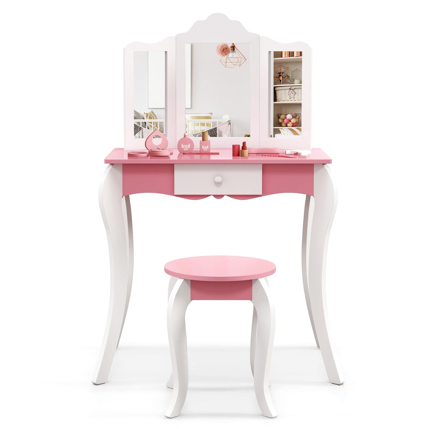 HONEY JOY Kids Vanity, Toddler Wooden Makeup Vanity Table & Chair Set, Tri-Fold Princess Mirror, Little Girls Vanity Set with Mirror and Stool (Pink)