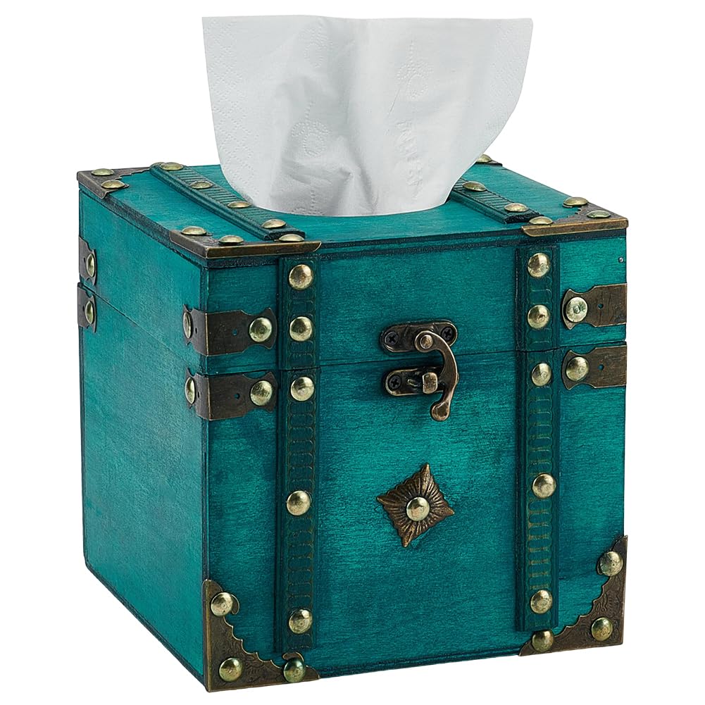 INFUNLY Retro Wood Square Tissue Box 5.8x5.8x5.8 inch Turquoise Napkin Holder Vintage Cube Tissue Box Holder Green Wood Square Tissue Container Cover for Toilet Tank Bathroom Living Room Office Desk