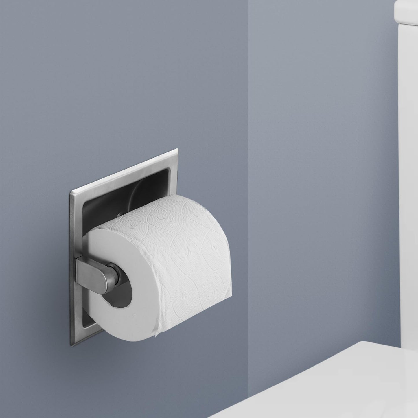 JunSun Recessed Toilet Paper Holder Brushed Nickel Stainless Steel Toilet Paper Roll Holder Tissue Holder Modern Tissue Roll Holder 6" X 6" Square Jumbo Mega Roll Holder Rear Mounting Bracket Included