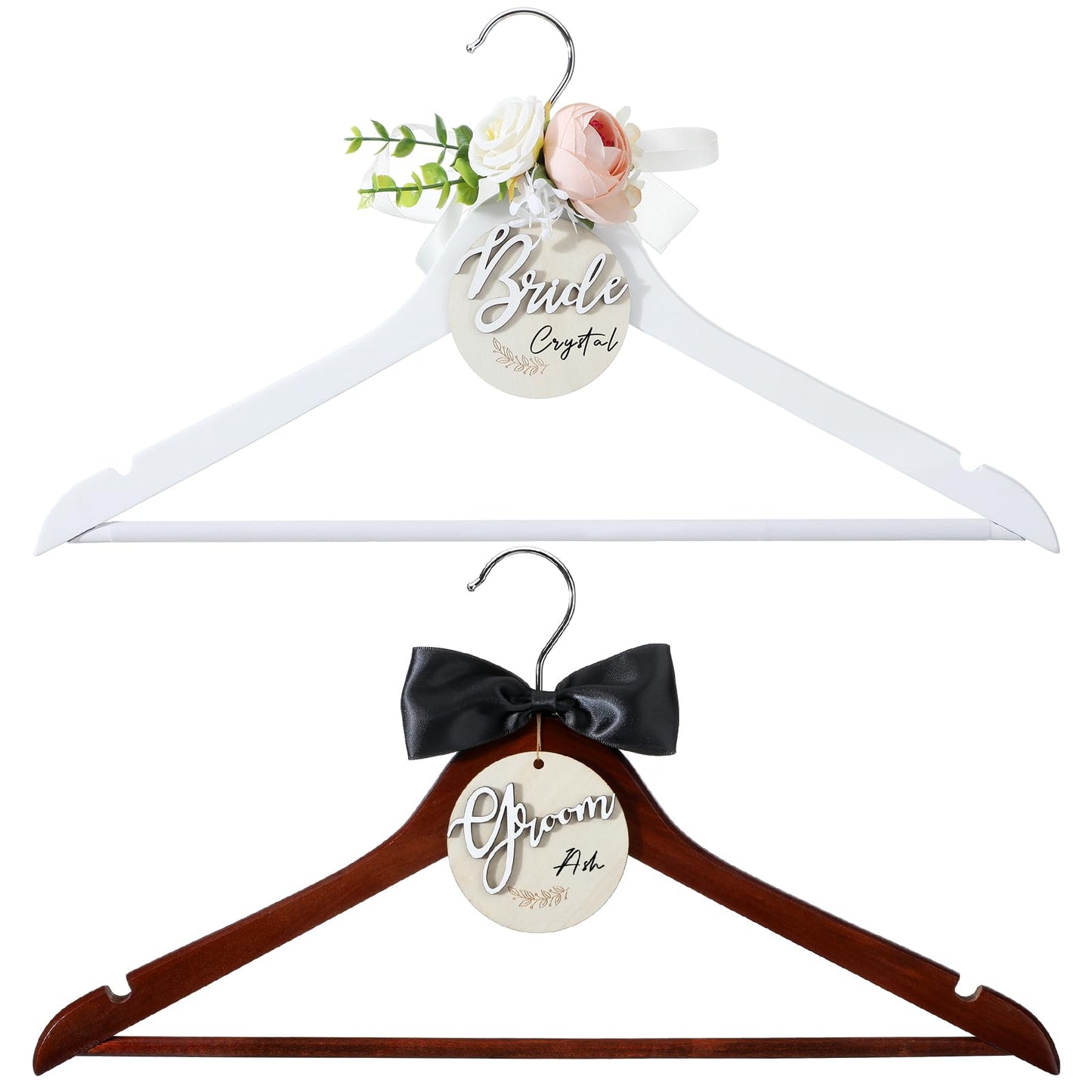 FillTouch 2 Pack Bride Hanger for Wedding Dress Elegant Bride Dress and Groom Tuxedo Suit Wooden Hanger with Bow Tie for Wedding Day Gift Supplies Bridal Party Shower(Pink)