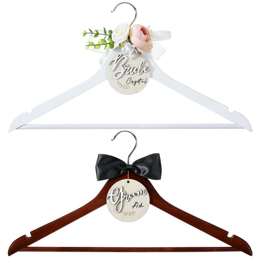 FillTouch 2 Pack Bride Hanger for Wedding Dress Elegant Bride Dress and Groom Tuxedo Suit Wooden Hanger with Bow Tie for Wedding Day Gift Supplies Bridal Party Shower(Pink)
