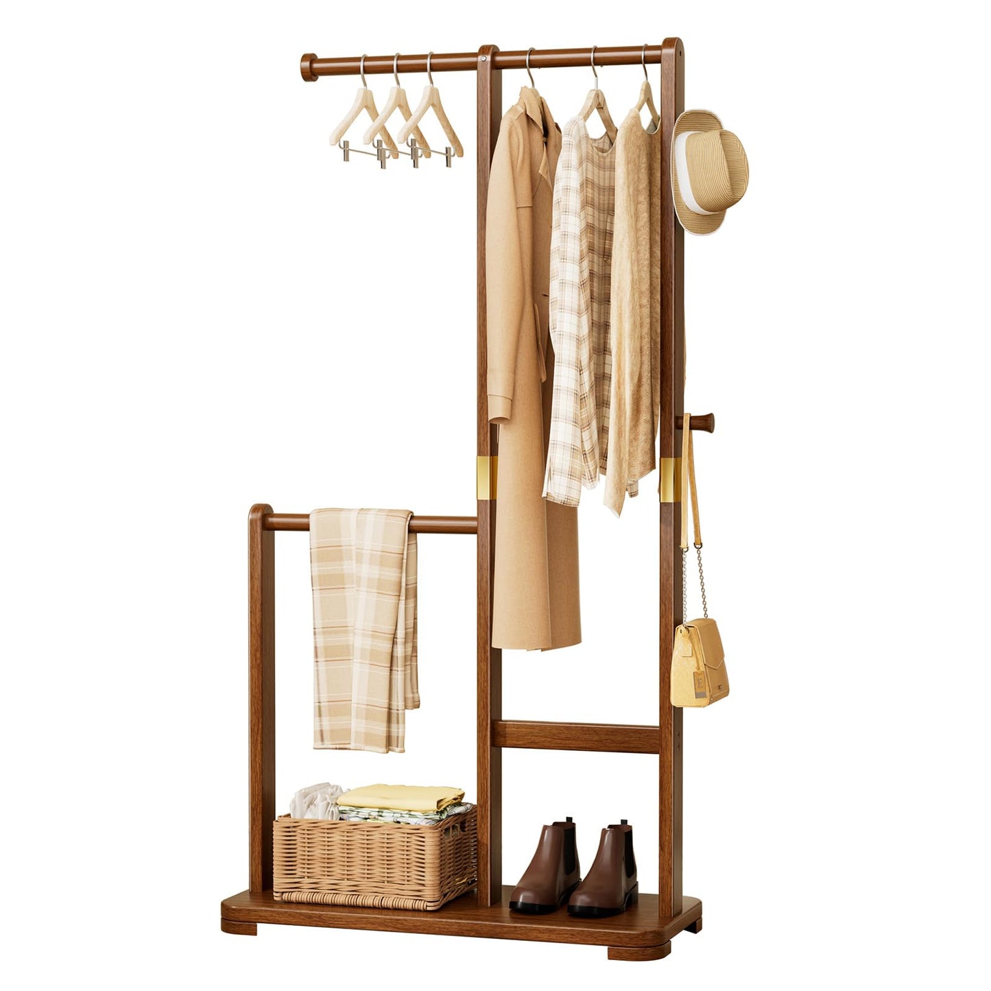 Wamhom Solid Wood Coat Rack, Freestanding Standing Clothes Rack with Double Hanging Rods for Coats, Jackets, Wooden Coat Tree Garment Rack for Bedroom Entryway Hallway, Space Saving Small Coat Rack