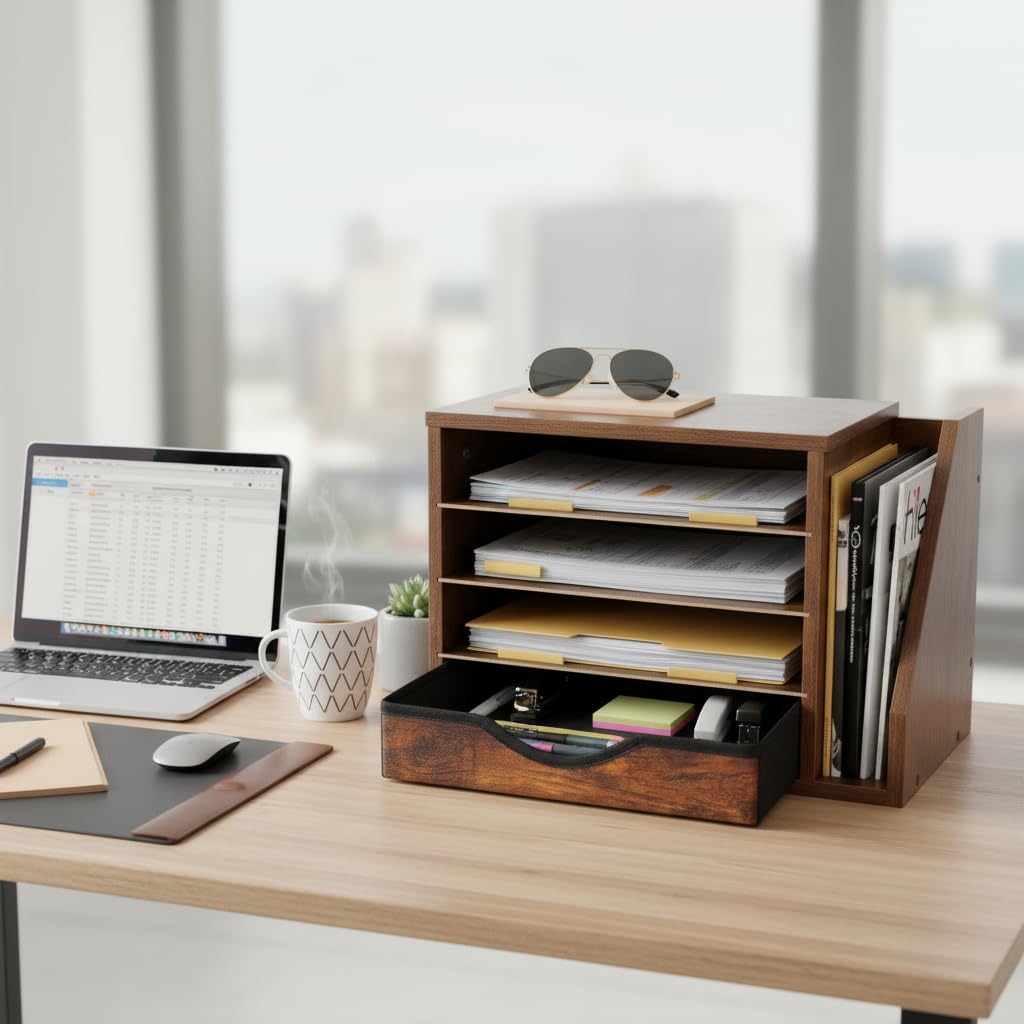 Gphudpzdl Wooden Desk Organizer with Drawers, 4 Tier Office Organizer and Accessories, Paper File Mail Organizer, Brown
