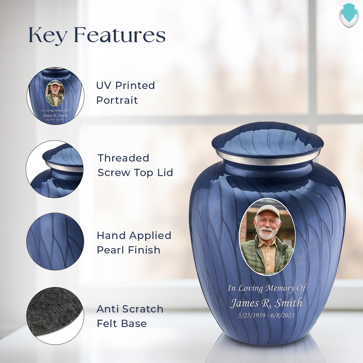 Geturns - Adult Custom Cremation Urns for Human Ashes I Large Pearl Cobalt Blue Photo Funeral Urn for Female and Male I 200 lbs