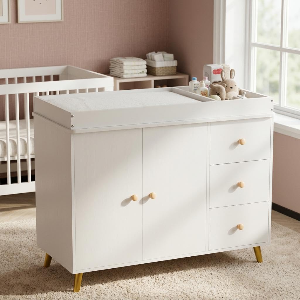 Garvee Baby Changing Table, White Wooden Dresser with 3 Drawers and Cabinet