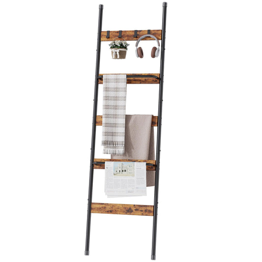 Blanket Ladder, 5-Tier Towel Holder with 2 U-shaped storage rack, Farmhouse Wall Leaning Decorative Rack Shelf, Towel Display Rack, Removable Hooks, Quilt Ladder for Living Room, Bedroom, Rustic Brown