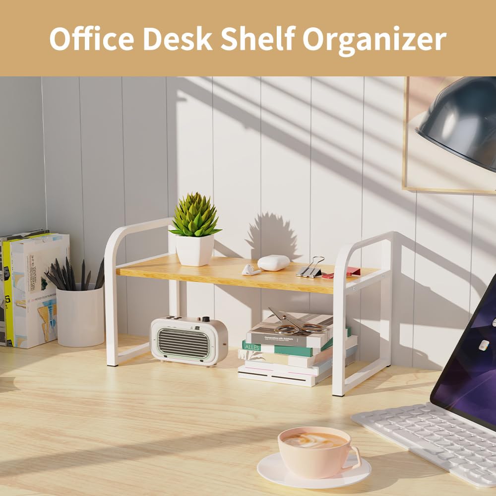 Office Desk Shelf Organizer, Wood Desktop Bookshelf Supplies Storage Rack, Shelf for Top Desk Dresser and Cubicle Decor Bookshelf Monitor Stand Riser (White White-single Tier, 11.81 Lx7.87 Wx8.46 H)
