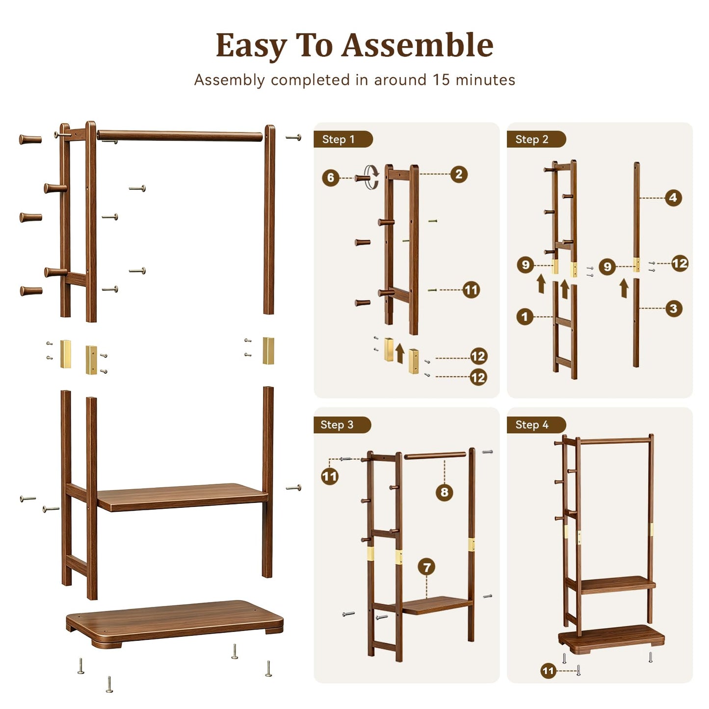 Taitiy Coat Rack Solid Wood Clothes Rack with 2 Shelves & 5 Hooks for Hanging Clothes Garment Wallets Hats, Clothing Rack Heavy Duty Coat Rack Freestanding with Storage Hall Tree for Hallway Bedroom